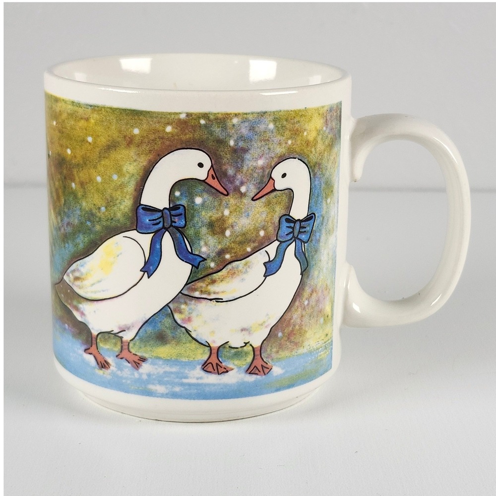 Vintage Country Goose Glass Mug Blue Bow Geese Farmhouse Kitchen